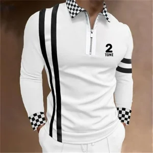 2025 New Fashion Men Long Sleeve Zipper Polo Shhirt Abstract Appare Men Casual Large Size Lapel Print Polo Shirt S-3XL .